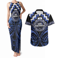 Aotearoa Ngati Tuwharetoa Personalised Couples Matching Tank Maxi Dress and Hawaiian Shirt Maori Iwi Poutama Puhoro Tattoo LT14 Blue - Polynesian Pride