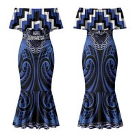 Aotearoa Ngati Tuwharetoa Personalised Family Matching Mermaid Dress and Hawaiian Shirt Maori Iwi Poutama Puhoro Tattoo LT14 Mom's Dress Blue - Polynesian Pride