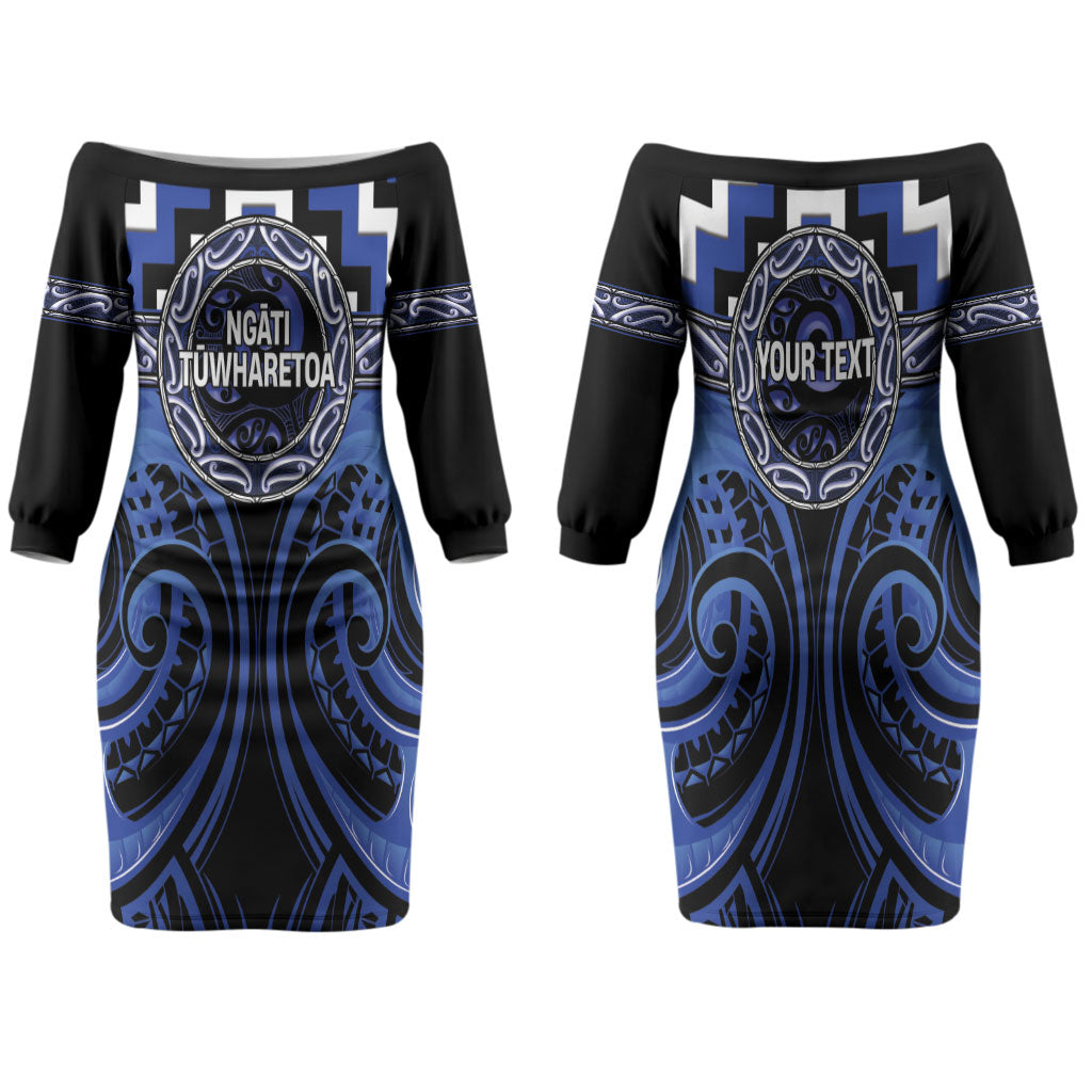 Aotearoa Ngati Tuwharetoa Personalised Family Matching Off The Shoulder Long Sleeve Dress and Hawaiian Shirt Maori Iwi Poutama Puhoro Tattoo LT14 Mom's Dress Blue - Polynesian Pride
