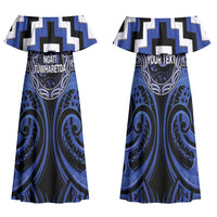 Aotearoa Ngati Tuwharetoa Personalised Family Matching Off Shoulder Maxi Dress and Hawaiian Shirt Maori Iwi Poutama Puhoro Tattoo LT14 Mom's Dress Blue - Polynesian Pride