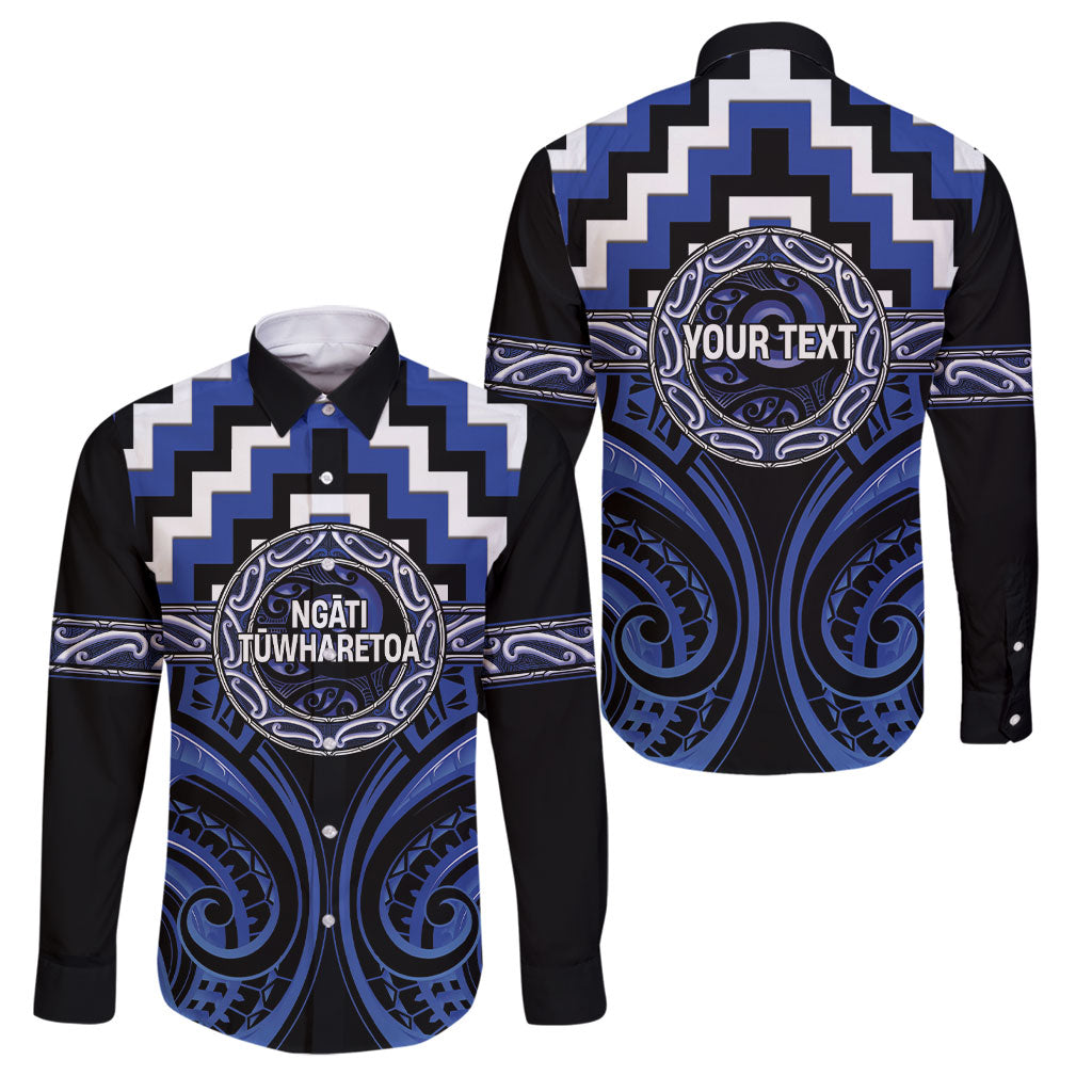 Aotearoa Ngati Tuwharetoa Personalised Family Matching Off Shoulder Maxi Dress and Hawaiian Shirt Maori Iwi Poutama Puhoro Tattoo LT14 Dad's Shirt - Long Sleeve Blue - Polynesian Pride