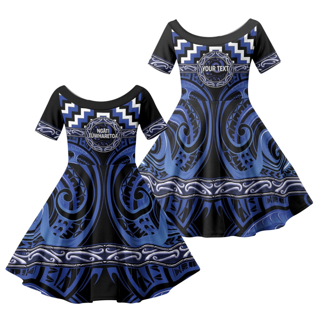 Aotearoa Ngati Tuwharetoa Personalised Family Matching Off Shoulder Short Dress and Hawaiian Shirt Maori Iwi Poutama Puhoro Tattoo LT14 Daughter's Dress Blue - Polynesian Pride