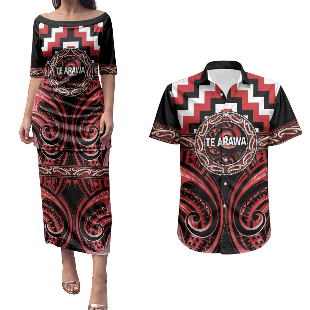 Aotearoa Te Arawa Personalised Couples Matching Puletasi and Hawaiian Shirt Maori Iwi Poutama Puhoro Tattoo LT14 Red - Polynesian Pride