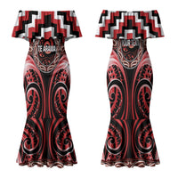Aotearoa Te Arawa Personalised Family Matching Mermaid Dress and Hawaiian Shirt Maori Iwi Poutama Puhoro Tattoo LT14 Mom's Dress Red - Polynesian Pride