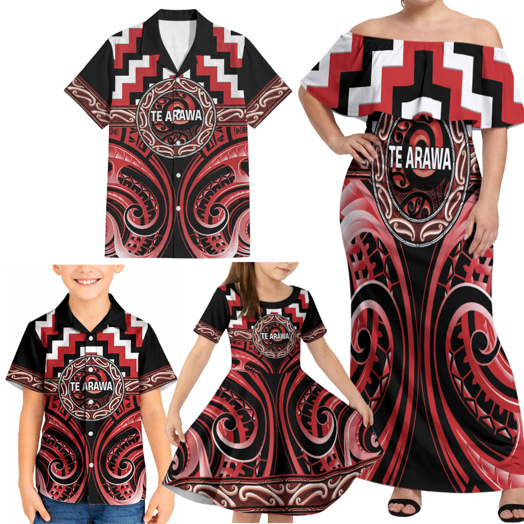 Aotearoa Te Arawa Personalised Family Matching Off Shoulder Maxi Dress and Hawaiian Shirt Maori Iwi Poutama Puhoro Tattoo LT14 - Polynesian Pride