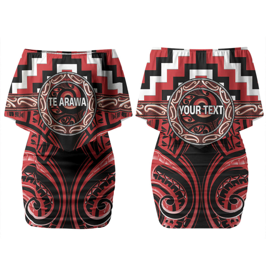 Aotearoa Te Arawa Personalised Family Matching Off Shoulder Short Dress and Hawaiian Shirt Maori Iwi Poutama Puhoro Tattoo LT14 Mom's Dress Red - Polynesian Pride