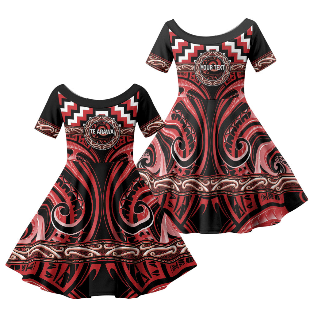 Aotearoa Te Arawa Personalised Family Matching Summer Maxi Dress and Hawaiian Shirt Maori Iwi Poutama Puhoro Tattoo LT14 Daughter's Dress Red - Polynesian Pride