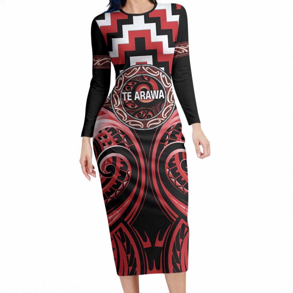 Aotearoa Te Arawa Personalised Long Sleeve Bodycon Dress Maori Iwi Poutama Puhoro Tattoo LT14 Long Dress Red - Polynesian Pride