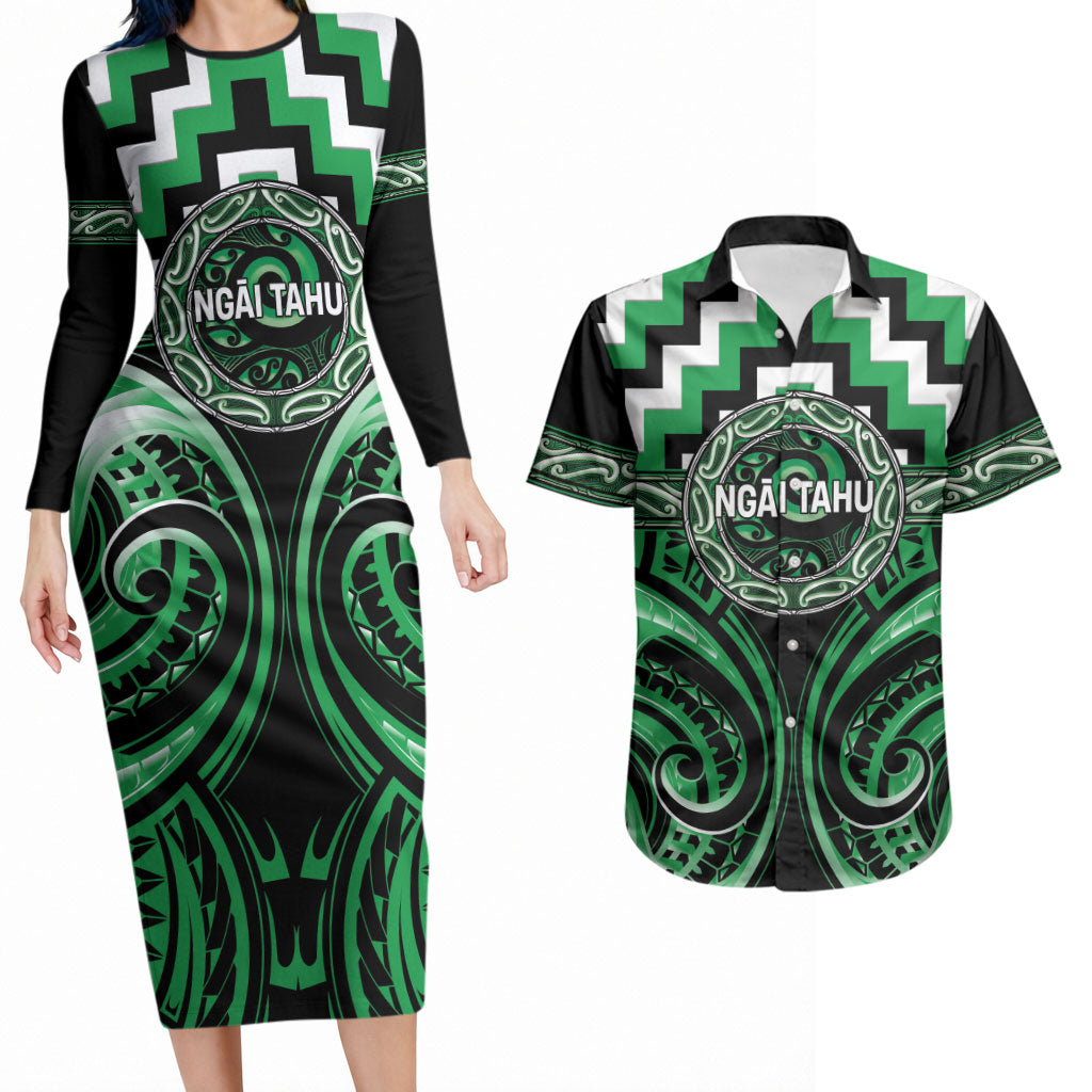 Aotearoa Ngai Tahu Personalised Couples Matching Long Sleeve Bodycon Dress and Hawaiian Shirt Maori Iwi Poutama Puhoro Tattoo LT14 Green - Polynesian Pride