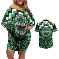Aotearoa Ngai Tahu Personalised Couples Matching Off Shoulder Short Dress and Hawaiian Shirt Maori Iwi Poutama Puhoro Tattoo LT14 Green - Polynesian Pride