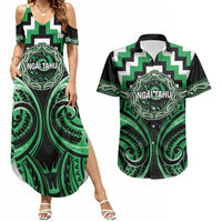 Aotearoa Ngai Tahu Personalised Couples Matching Summer Maxi Dress and Hawaiian Shirt Maori Iwi Poutama Puhoro Tattoo LT14 Green - Polynesian Pride