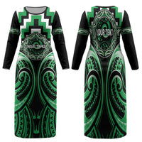 Aotearoa Ngai Tahu Personalised Family Matching Long Sleeve Bodycon Dress and Hawaiian Shirt Maori Iwi Poutama Puhoro Tattoo LT14 Mom's Dress Green - Polynesian Pride
