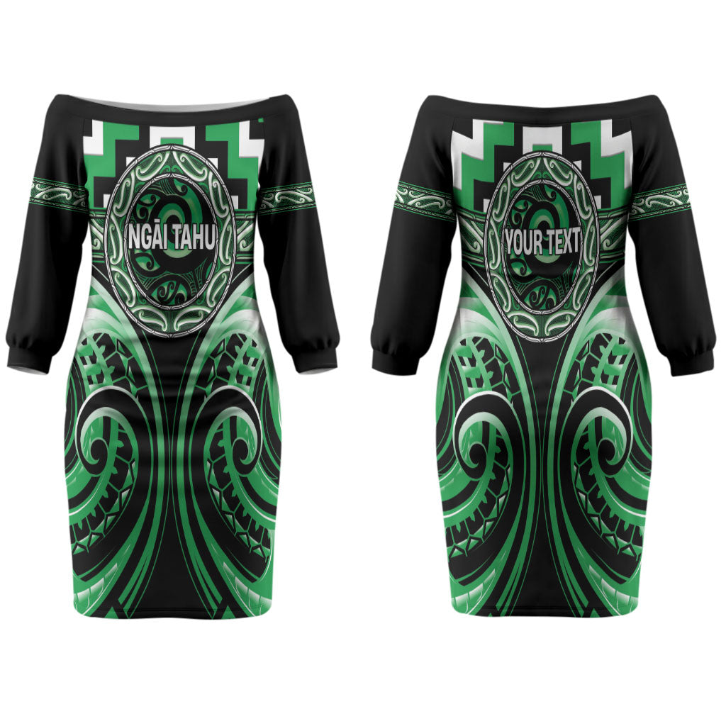 Aotearoa Ngai Tahu Personalised Family Matching Off The Shoulder Long Sleeve Dress and Hawaiian Shirt Maori Iwi Poutama Puhoro Tattoo LT14 Mom's Dress Green - Polynesian Pride