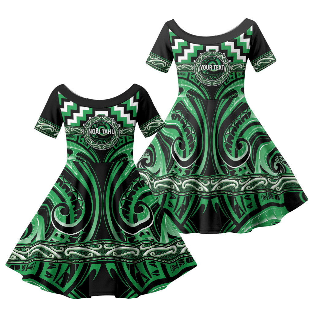 Aotearoa Ngai Tahu Personalised Family Matching Off Shoulder Maxi Dress and Hawaiian Shirt Maori Iwi Poutama Puhoro Tattoo LT14 Daughter's Dress Green - Polynesian Pride