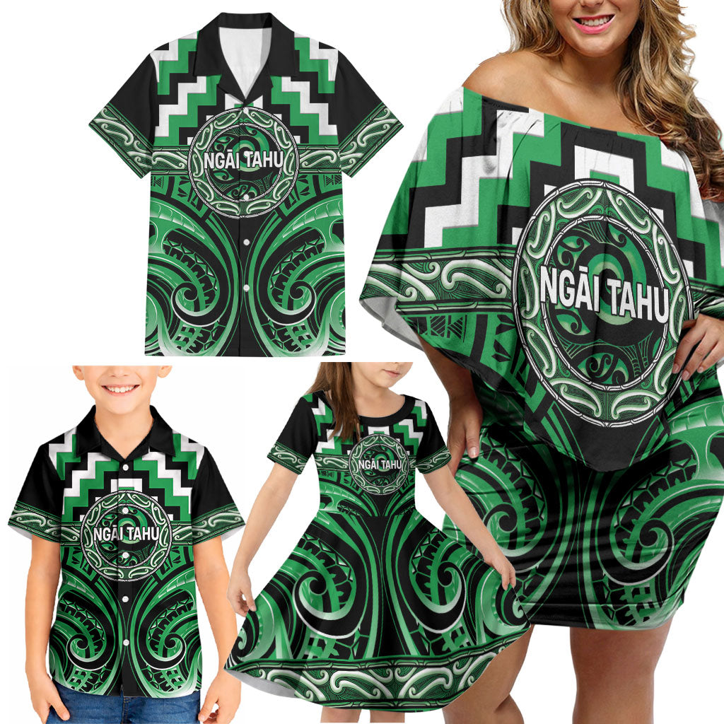 Aotearoa Ngai Tahu Personalised Family Matching Off Shoulder Short Dress and Hawaiian Shirt Maori Iwi Poutama Puhoro Tattoo LT14 - Polynesian Pride