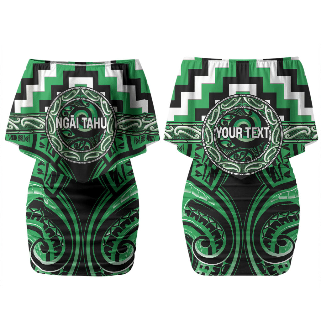 Aotearoa Ngai Tahu Personalised Family Matching Off Shoulder Short Dress and Hawaiian Shirt Maori Iwi Poutama Puhoro Tattoo LT14 Mom's Dress Green - Polynesian Pride