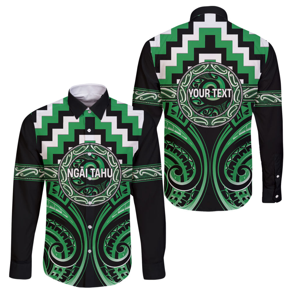 Aotearoa Ngai Tahu Personalised Family Matching Off Shoulder Short Dress and Hawaiian Shirt Maori Iwi Poutama Puhoro Tattoo LT14 Dad's Shirt - Long Sleeve Green - Polynesian Pride