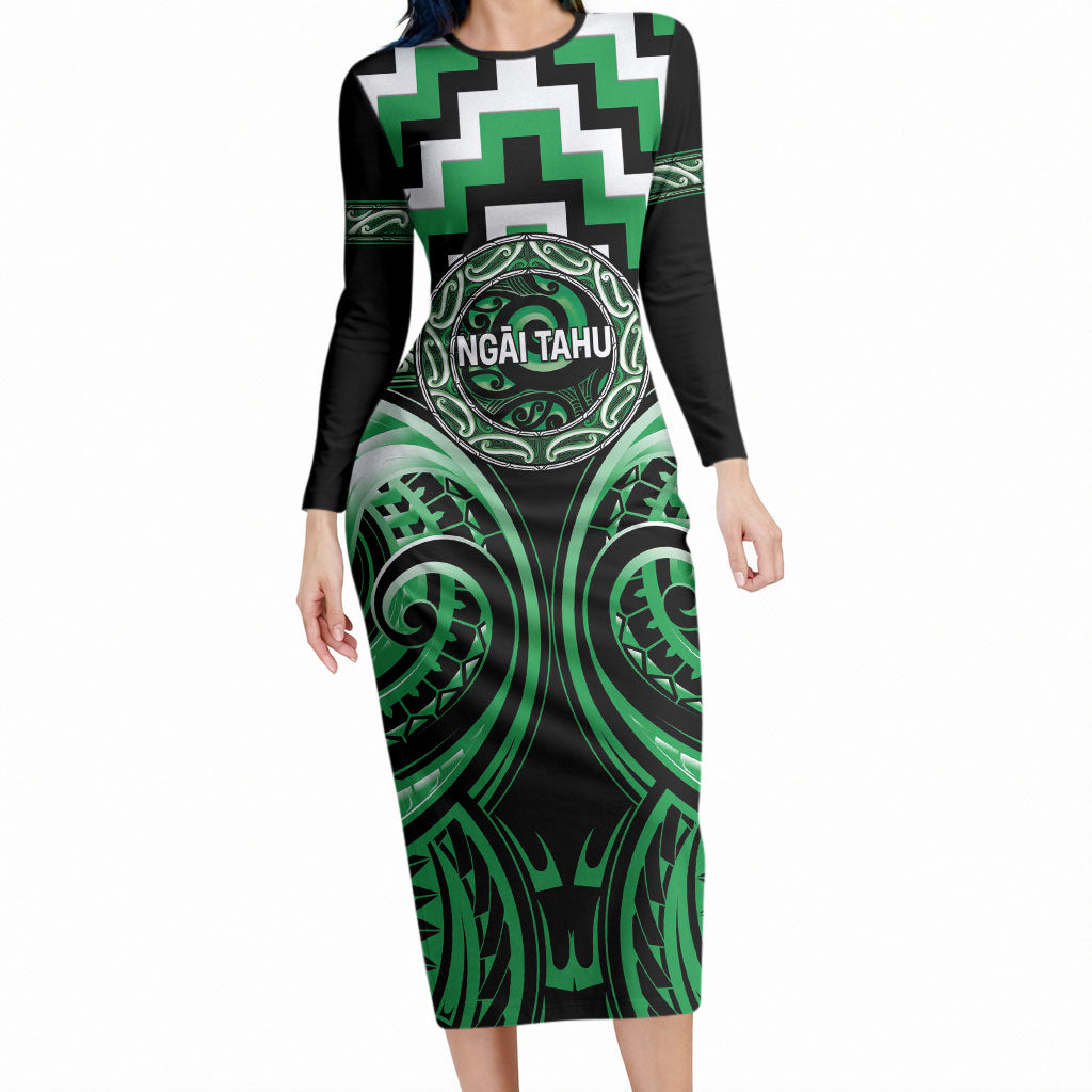 Aotearoa Ngai Tahu Personalised Long Sleeve Bodycon Dress Maori Iwi Poutama Puhoro Tattoo