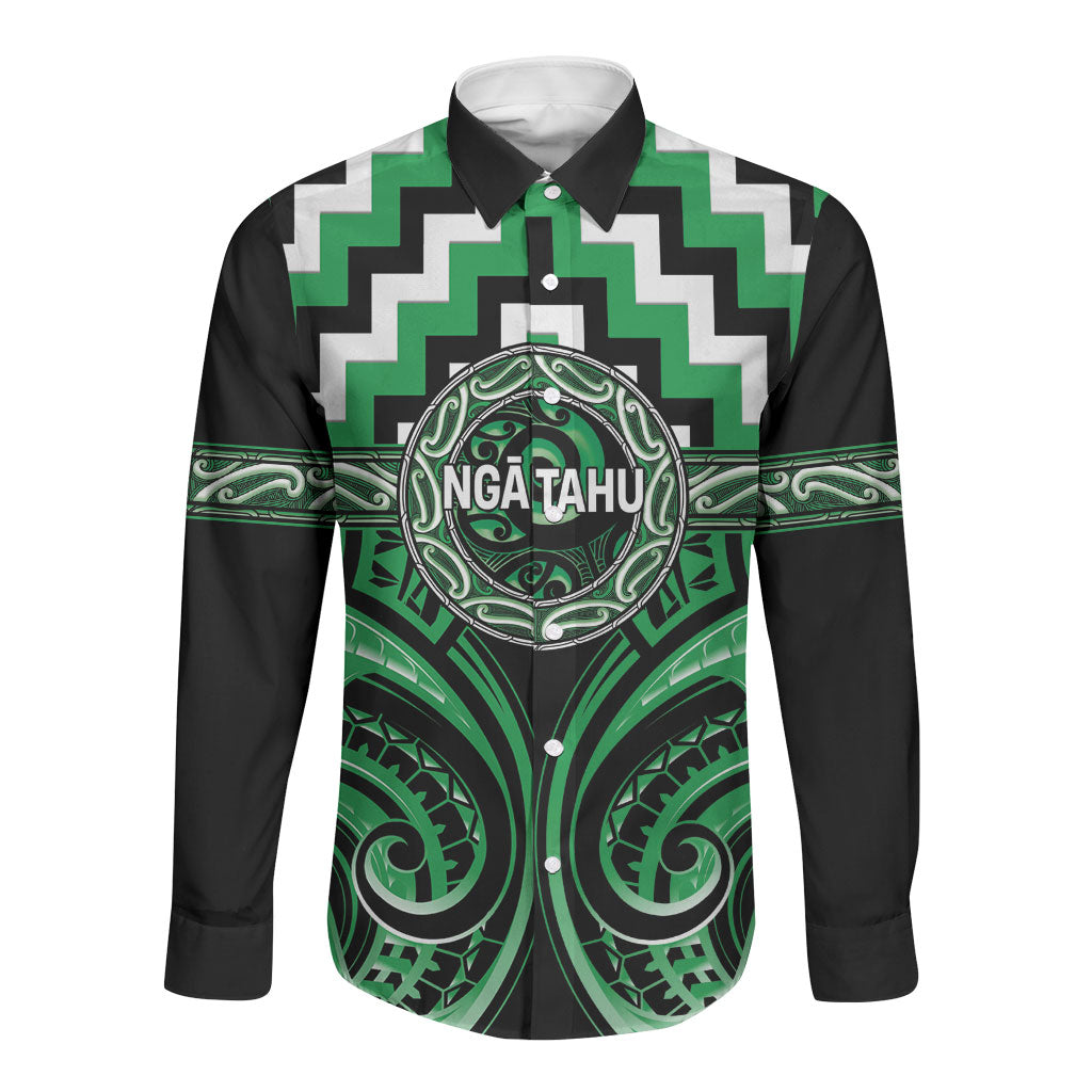 Aotearoa Ngai Tahu Personalised Long Sleeve Button Shirt Maori Iwi Poutama Puhoro Tattoo LT14 Unisex Green - Polynesian Pride