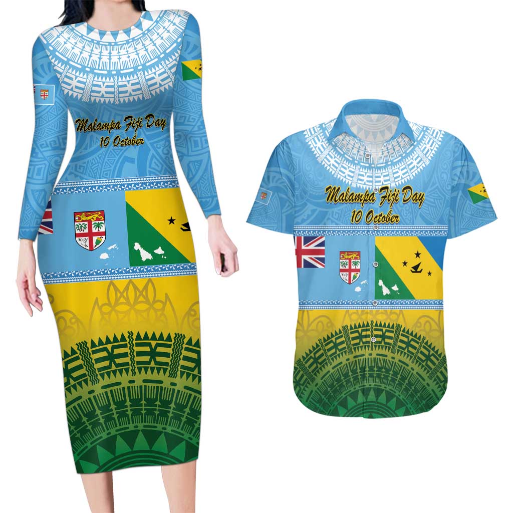 Personalised Malampa Fiji Day Couples Matching Long Sleeve Bodycon Dress and Hawaiian Shirt 10 October Fijian Tapa Flag Style