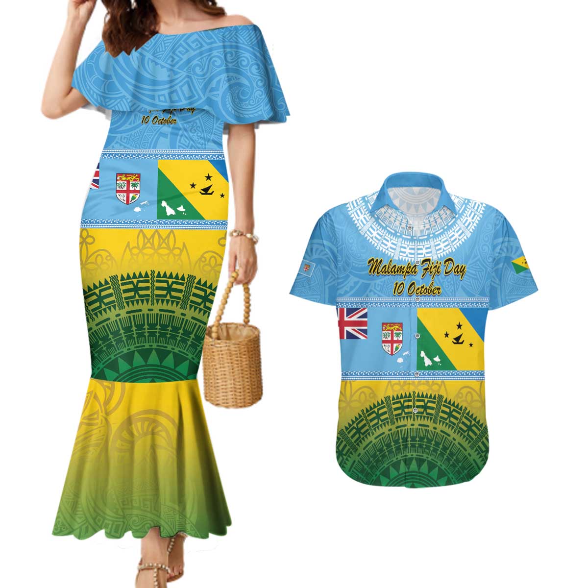 Personalised Malampa Fiji Day Couples Matching Mermaid Dress and Hawaiian Shirt 10 October Fijian Tapa Flag Style