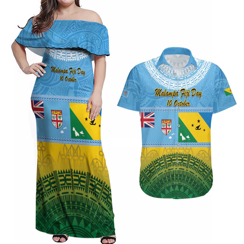 Personalised Malampa Fiji Day Couples Matching Off Shoulder Maxi Dress and Hawaiian Shirt 10 October Fijian Tapa Flag Style