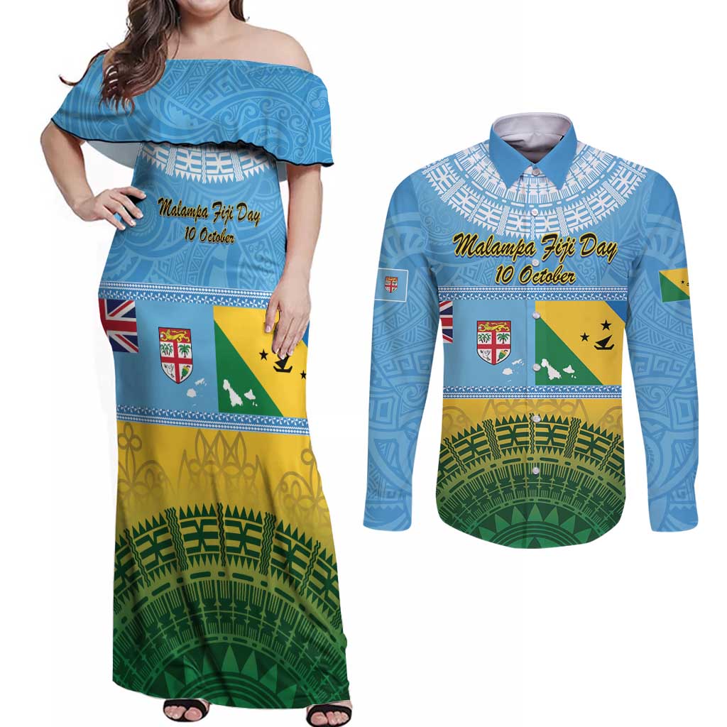 Personalised Malampa Fiji Day Couples Matching Off Shoulder Maxi Dress and Long Sleeve Button Shirt 10 October Fijian Tapa Flag Style