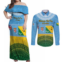 Personalised Malampa Fiji Day Couples Matching Off Shoulder Maxi Dress and Long Sleeve Button Shirt 10 October Fijian Tapa Flag Style