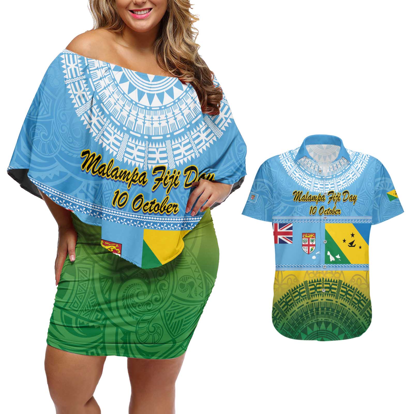 Personalised Malampa Fiji Day Couples Matching Off Shoulder Short Dress and Hawaiian Shirt 10 October Fijian Tapa Flag Style