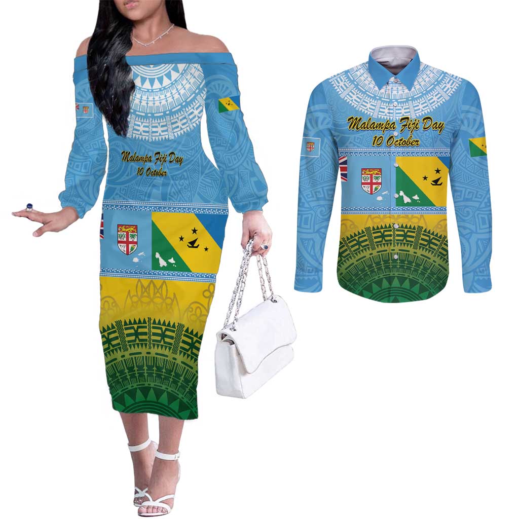 Personalised Malampa Fiji Day Couples Matching Off The Shoulder Long Sleeve Dress and Long Sleeve Button Shirt 10 October Fijian Tapa Flag Style