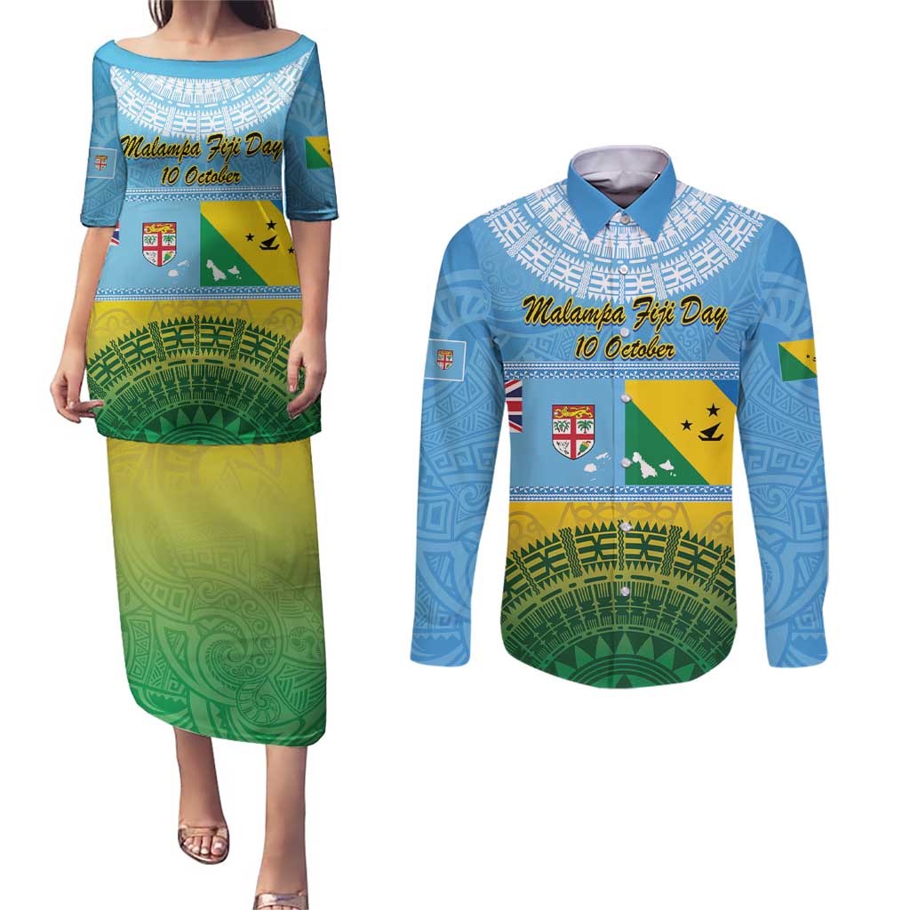 Personalised Malampa Fiji Day Couples Matching Puletasi and Long Sleeve Button Shirt 10 October Fijian Tapa Flag Style