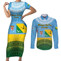 Personalised Malampa Fiji Day Couples Matching Short Sleeve Bodycon Dress and Long Sleeve Button Shirt 10 October Fijian Tapa Flag Style
