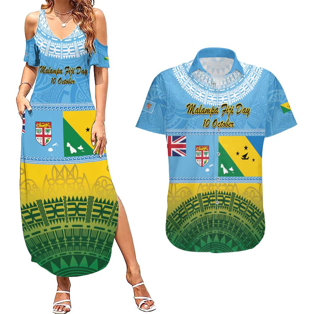 Personalised Malampa Fiji Day Couples Matching Summer Maxi Dress and Hawaiian Shirt 10 October Fijian Tapa Flag Style