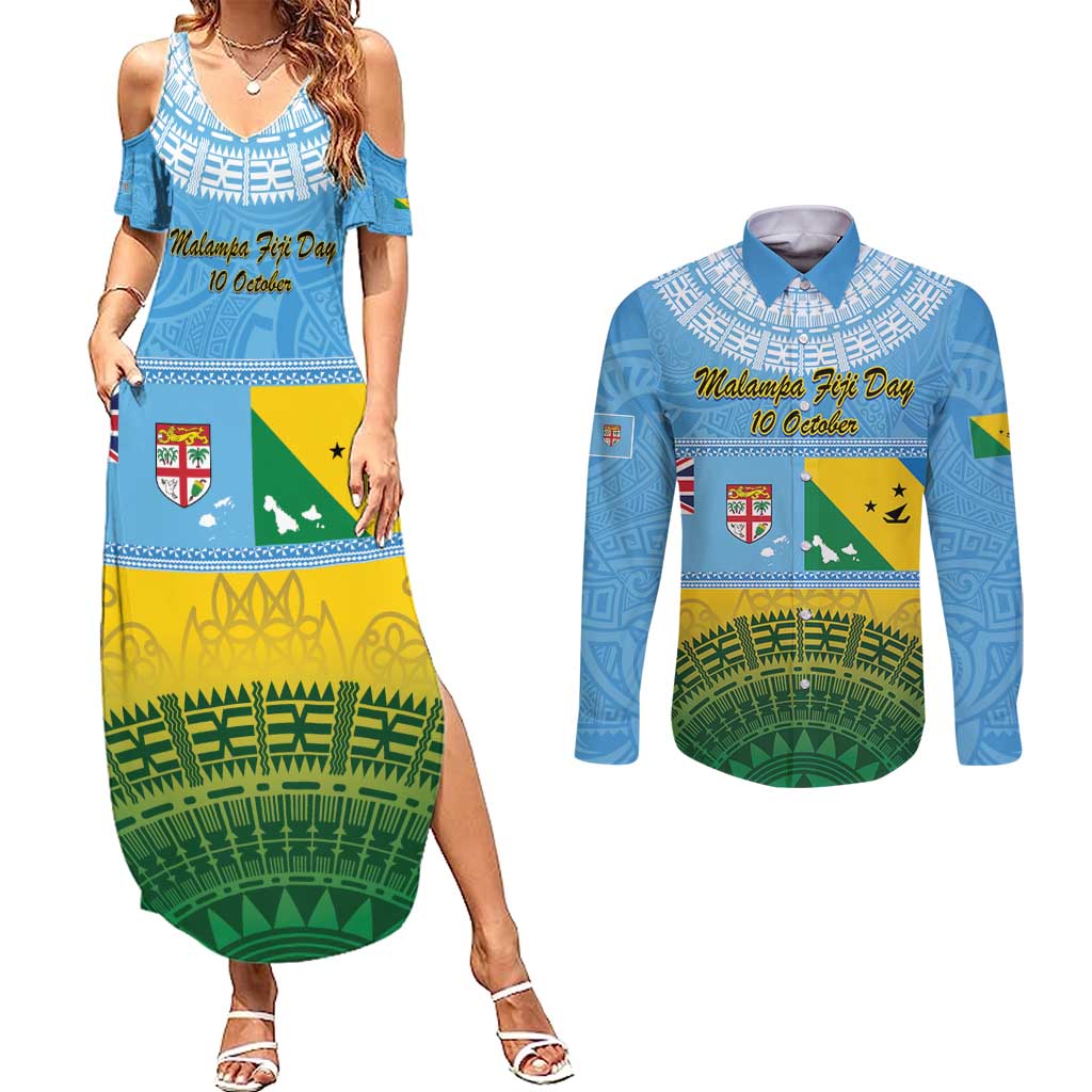 Personalised Malampa Fiji Day Couples Matching Summer Maxi Dress and Long Sleeve Button Shirt 10 October Fijian Tapa Flag Style