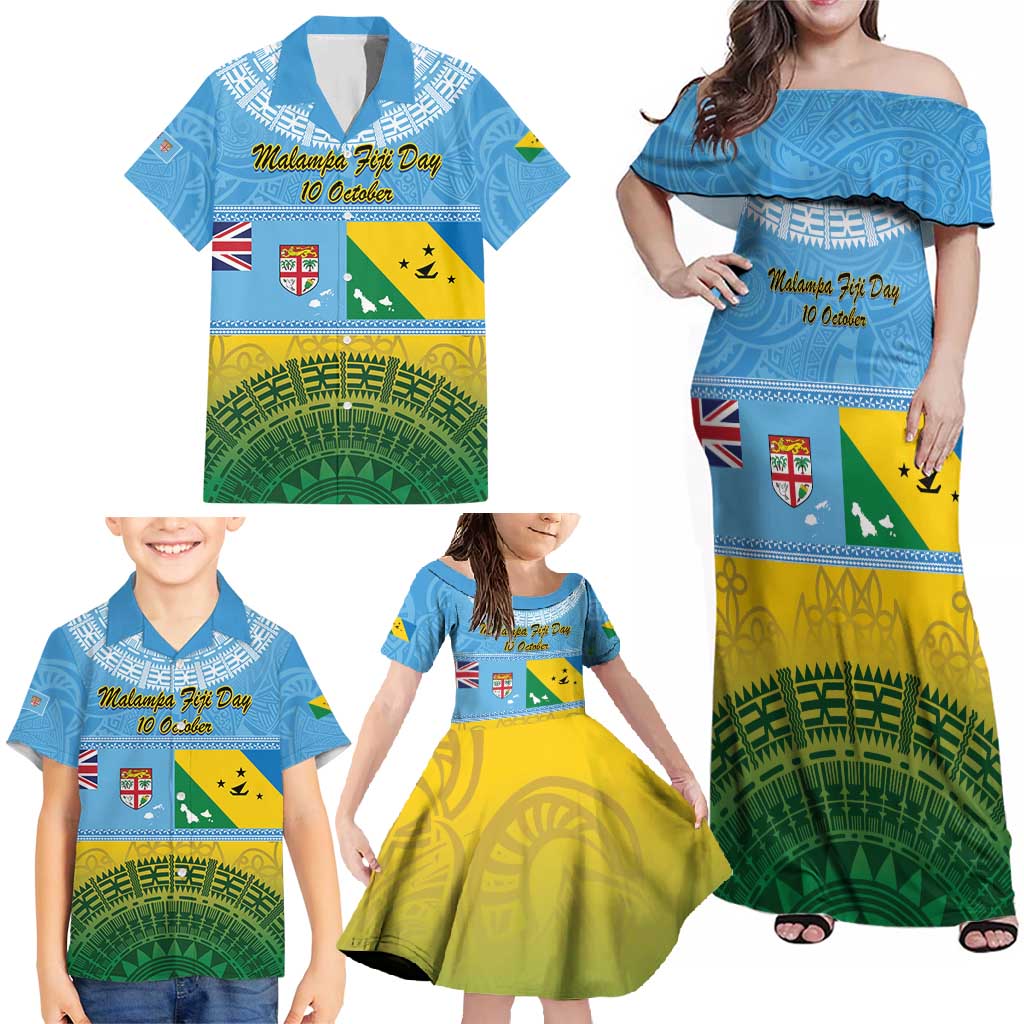 Personalised Malampa Fiji Day Family Matching Off Shoulder Maxi Dress and Hawaiian Shirt 10 October Fijian Tapa Flag Style