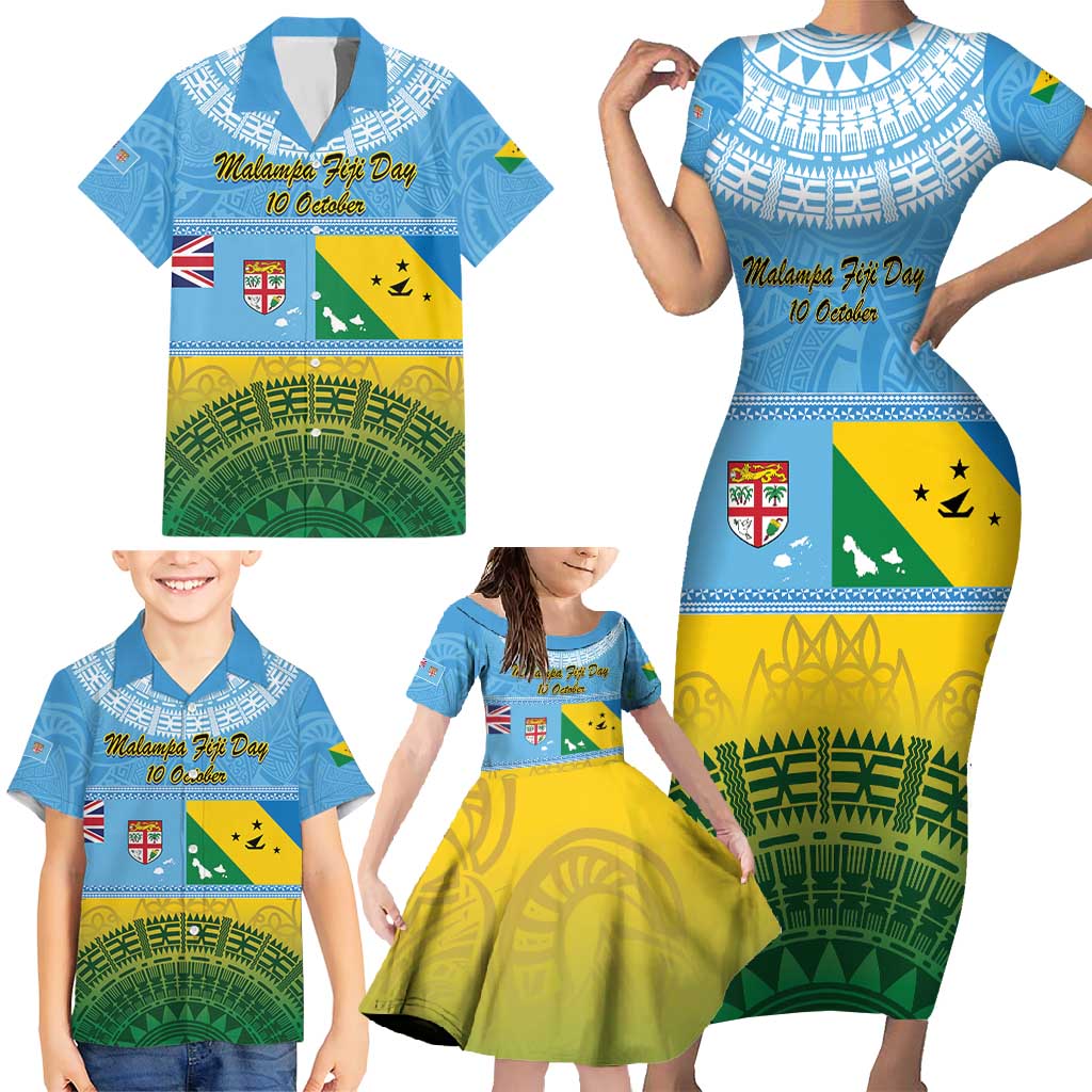 Personalised Malampa Fiji Day Family Matching Short Sleeve Bodycon Dress and Hawaiian Shirt 10 October Fijian Tapa Flag Style