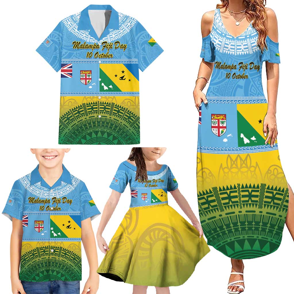 Personalised Malampa Fiji Day Family Matching Summer Maxi Dress and Hawaiian Shirt 10 October Fijian Tapa Flag Style