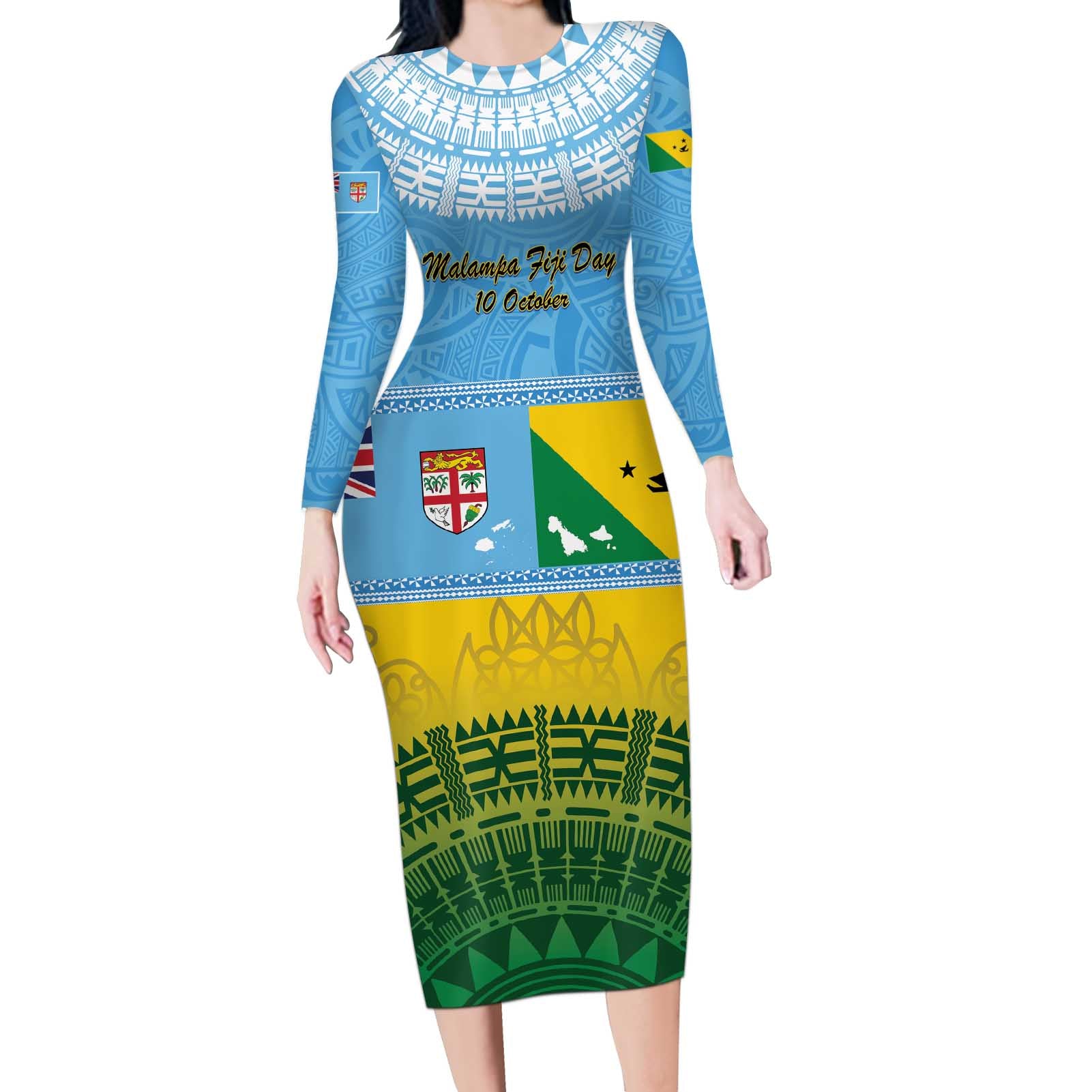 Personalised Malampa Fiji Day Long Sleeve Bodycon Dress 10 October Fijian Tapa Flag Style