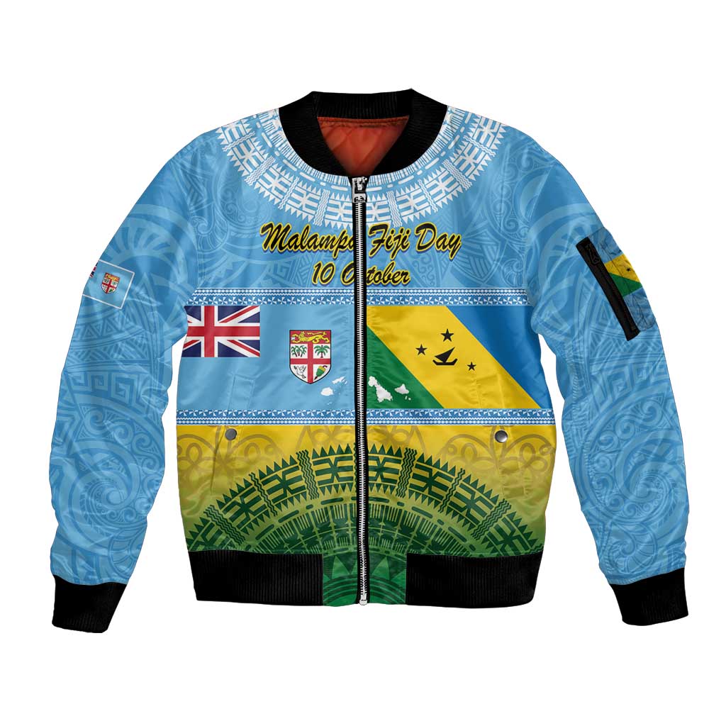 Personalised Malampa Fiji Day Sleeve Zip Bomber Jacket 10 October Fijian Tapa Flag Style