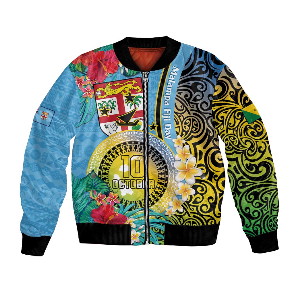 Vanuatu Malampa Fiji Day Bomber Jacket Happy 10 October With Maps Tropical Flowers