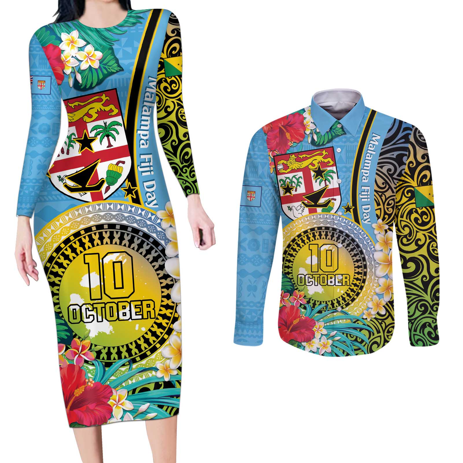 Vanuatu Malampa Fiji Day Couples Matching Long Sleeve Bodycon Dress and Long Sleeve Button Shirt Happy 10 October With Maps Tropical Flowers