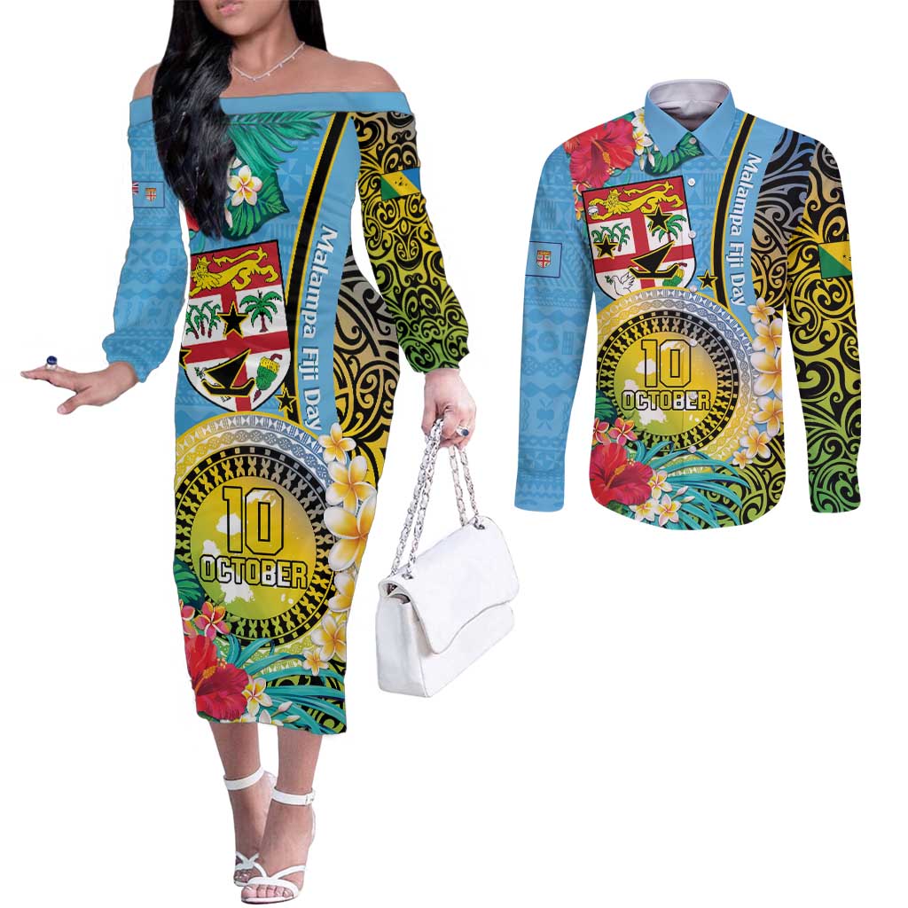 Vanuatu Malampa Fiji Day Couples Matching Off The Shoulder Long Sleeve Dress and Long Sleeve Button Shirt Happy 10 October With Maps Tropical Flowers