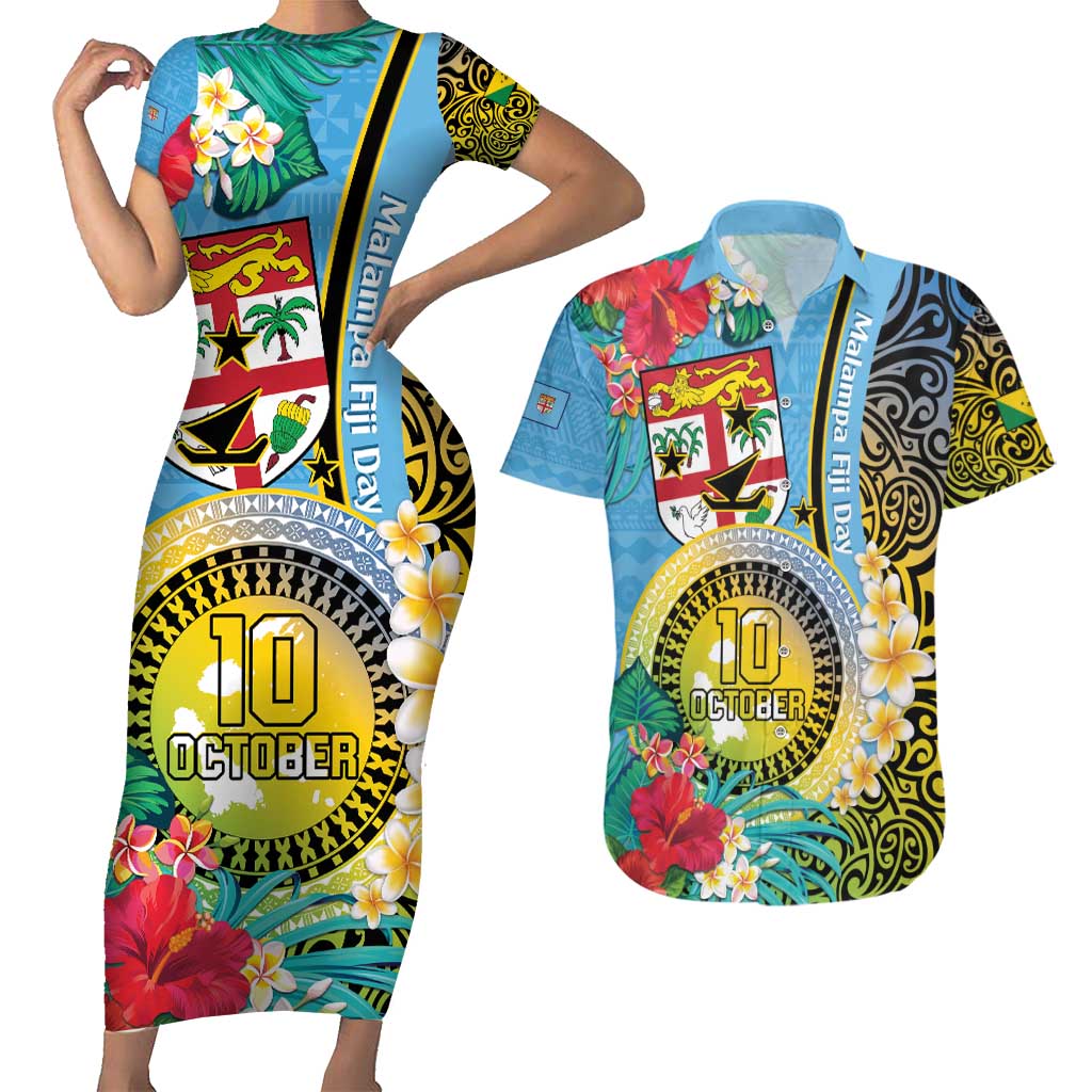 Vanuatu Malampa Fiji Day Couples Matching Short Sleeve Bodycon Dress and Hawaiian Shirt Happy 10 October With Maps Tropical Flowers