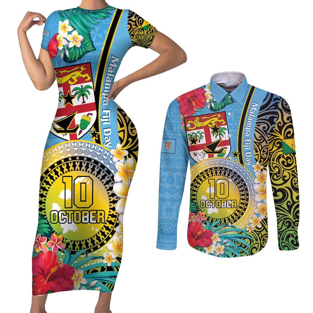 Vanuatu Malampa Fiji Day Couples Matching Short Sleeve Bodycon Dress and Long Sleeve Button Shirt Happy 10 October With Maps Tropical Flowers