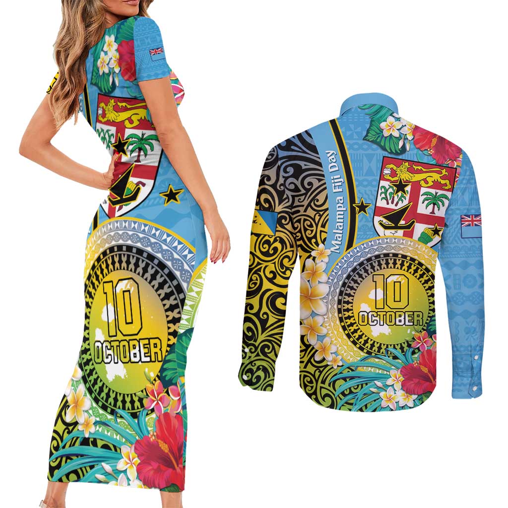 Vanuatu Malampa Fiji Day Couples Matching Short Sleeve Bodycon Dress and Long Sleeve Button Shirt Happy 10 October With Maps Tropical Flowers