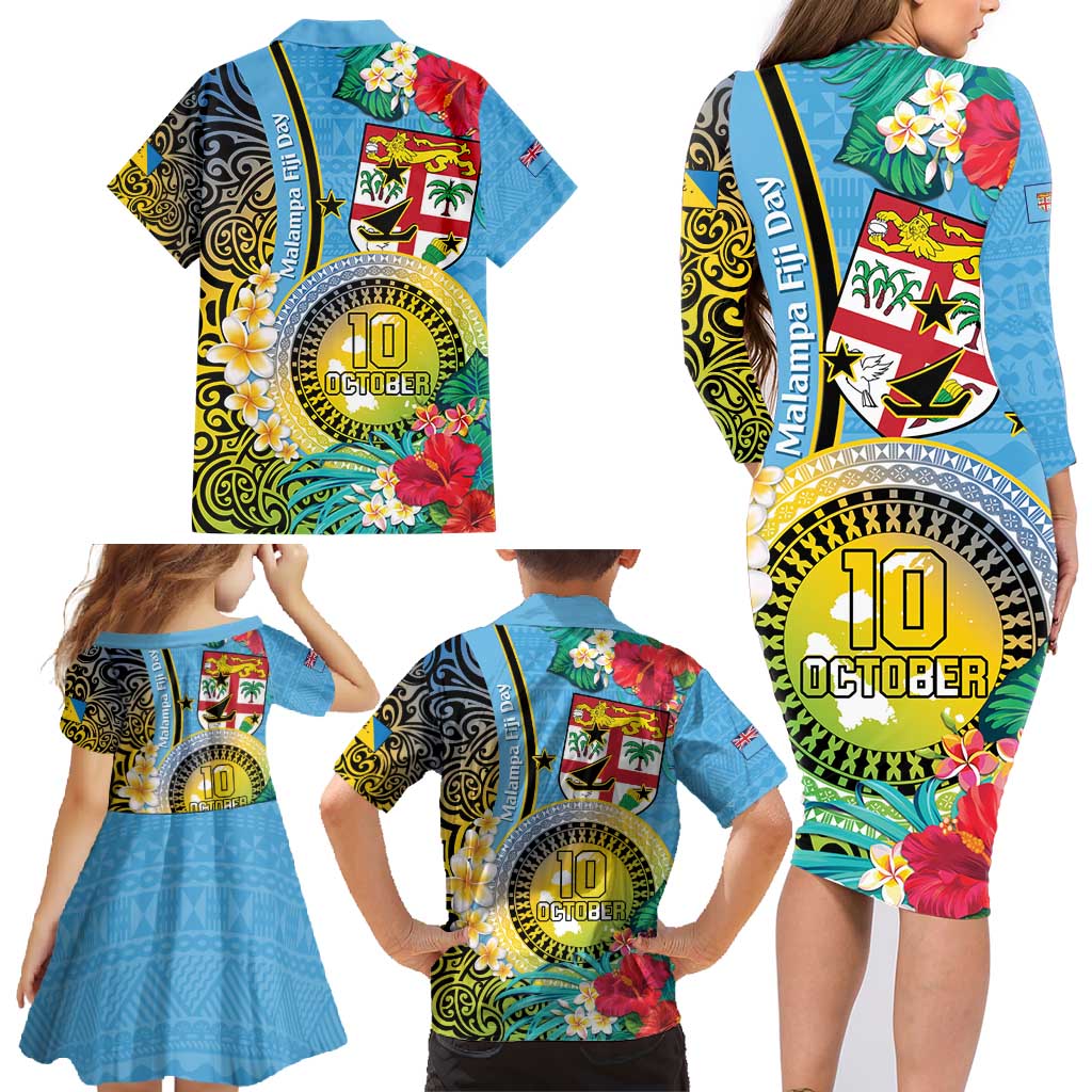 Vanuatu Malampa Fiji Day Family Matching Long Sleeve Bodycon Dress and Hawaiian Shirt Happy 10 October With Maps Tropical Flowers