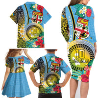 Vanuatu Malampa Fiji Day Family Matching Long Sleeve Bodycon Dress and Hawaiian Shirt Happy 10 October With Maps Tropical Flowers