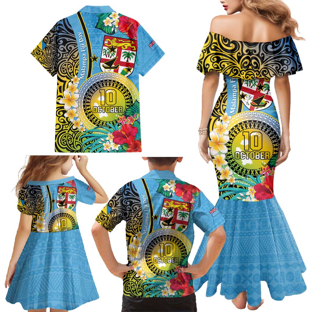 Vanuatu Malampa Fiji Day Family Matching Mermaid Dress and Hawaiian Shirt Happy 10 October With Maps Tropical Flowers