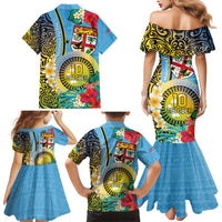 Vanuatu Malampa Fiji Day Family Matching Mermaid Dress and Hawaiian Shirt Happy 10 October With Maps Tropical Flowers