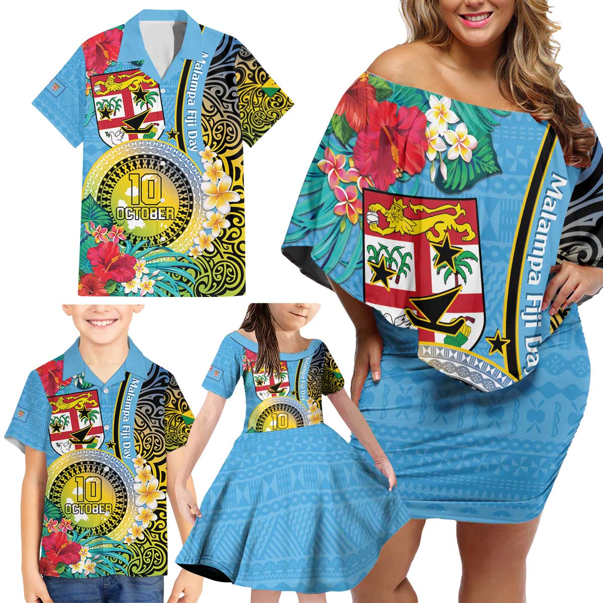 Vanuatu Malampa Fiji Day Family Matching Off Shoulder Short Dress and Hawaiian Shirt Happy 10 October With Maps Tropical Flowers